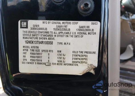 2004 Chevrolet Tahoe Z71 z USA, uszkodzony, nr VIN 1GNEK13T94R100358